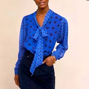 Anthropologie bl-nk London Beckie Blue Dot Pussy Bow Top